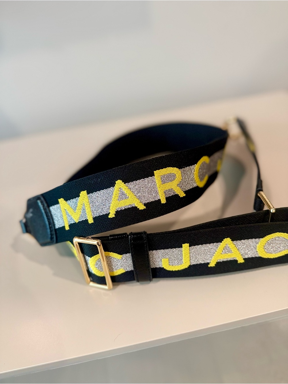 Marc Jacobs Black and Yellow Logo Crossbody Strap with Silver Stripe